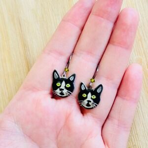 VTG Zarah Earrings Sterling Silver 925 Charming Cat Dangle Dangle Artisan Black